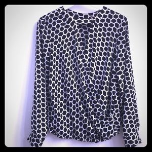 Ro & De black & white geometric faux wrap blouse.